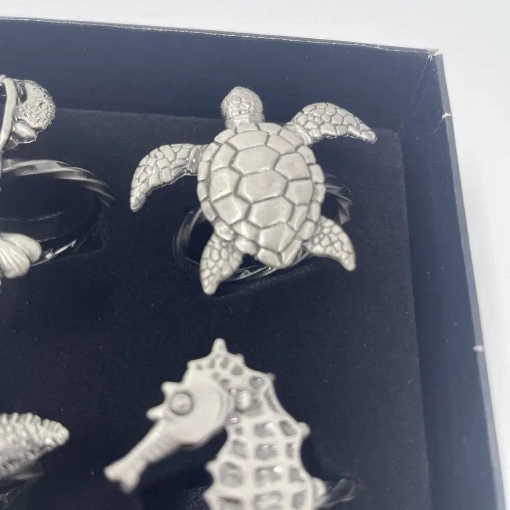 Pewter Napkin Rings Lobster Turtle Starfish Seahorse Set 4 Nautical Sealife New
